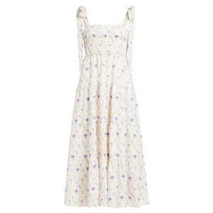 Kivari 'Fleur' White Smocked Linen-Cotton Midi-Dress Size 4